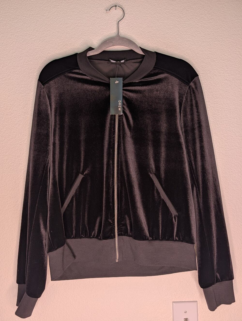 DREW NWT Women Black Velvet Bomber L Full Zip Minimalist Edgy Rave Festival Chic